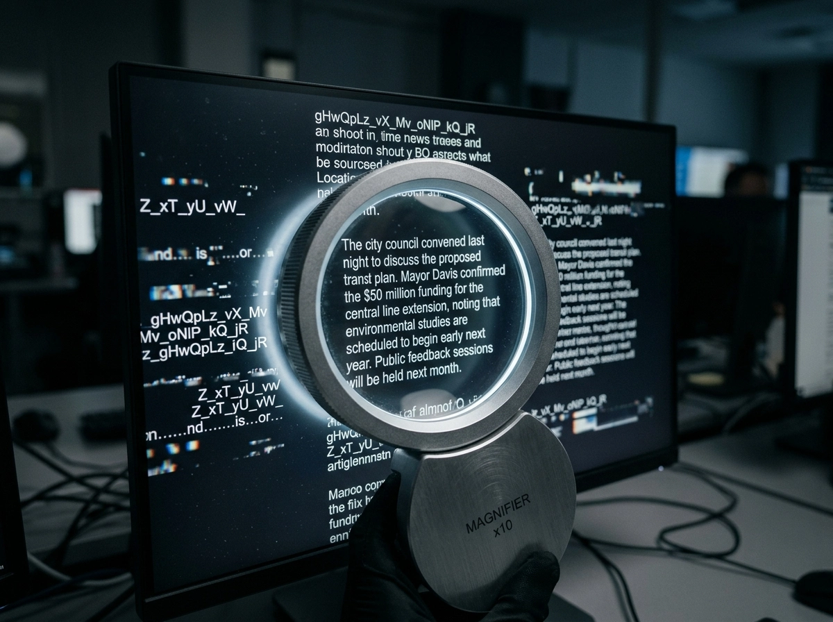 A magnifying glass over a screen, showing how an AI article generator improves newsroom efficiency.
