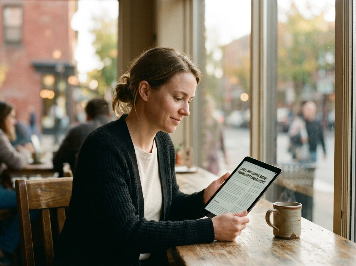 A woman reading content from an auto blog writer on a tablet in a cafe, highlighting content automation.