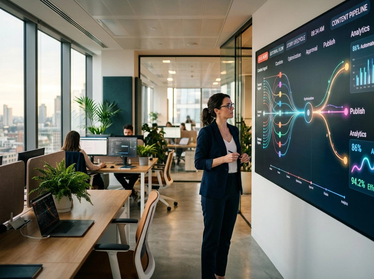 Editor reviewing automated content creation workflow on a digital display.