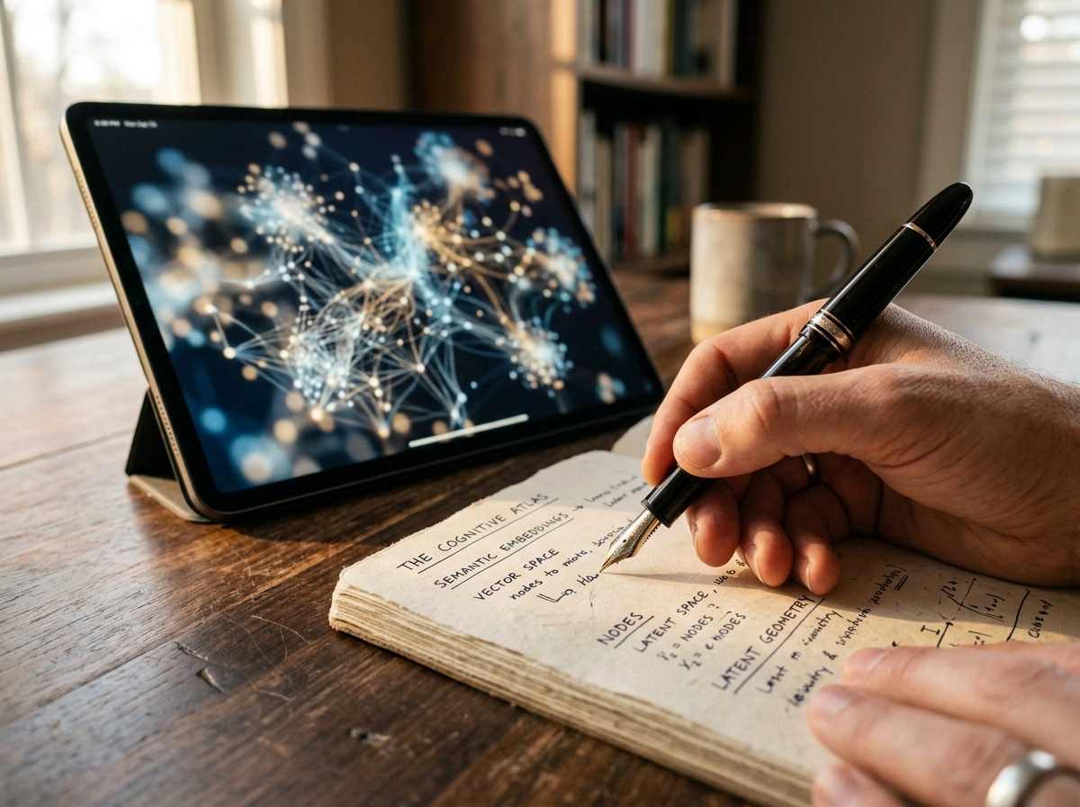Hand writing notes on semantic SEO while viewing an AI writing tool on a tablet screen.