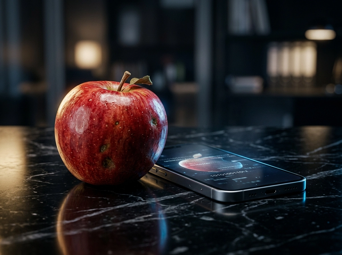 A red apple next to a smartphone, illustrating how AI seo writers analyze contextual relevance.