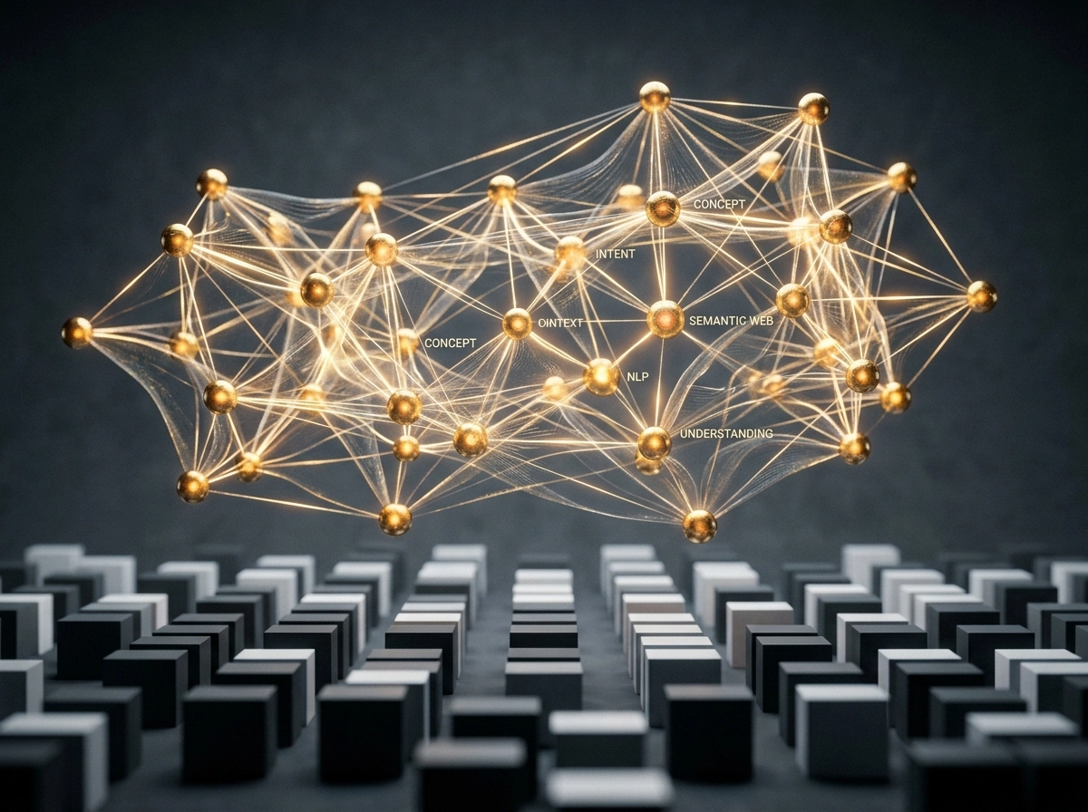 A network of nodes representing natural language processing and semantic seo concepts.