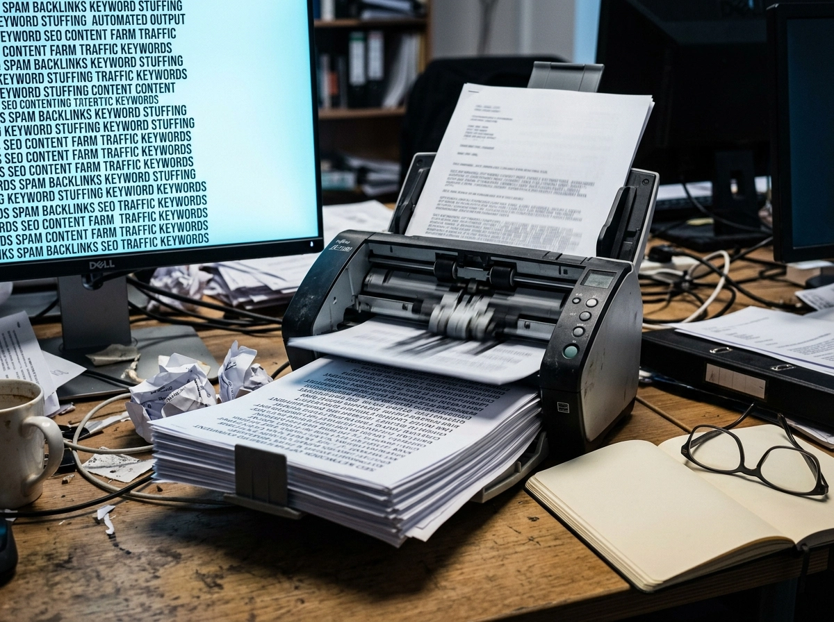 A printer outputting low-quality content, contrasting with effective AI for writing articles.