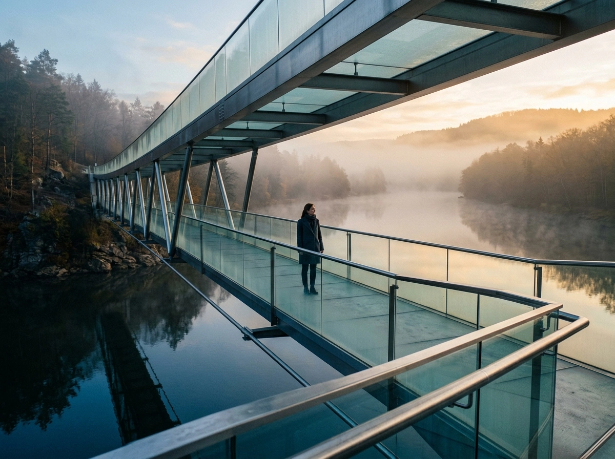 Person on a glass bridge, representing semantic SEO and contextual relevance in writing tools.