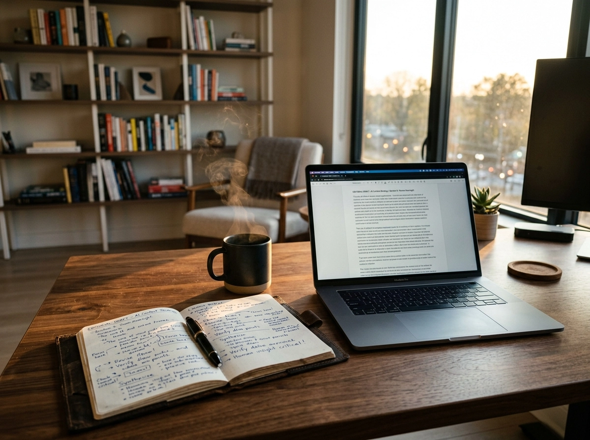 A laptop displaying AI writing software for blog automation, emphasizing human oversight in content creation.