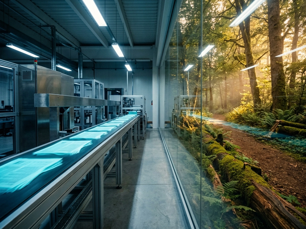 Automated content creation tool in a factory setting next to a natural forest.