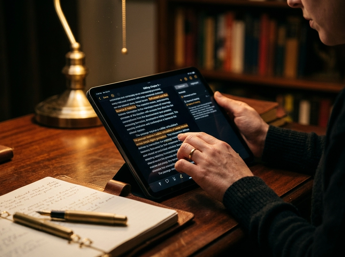 Person using AI writing software on a tablet to edit content for search engine optimization.