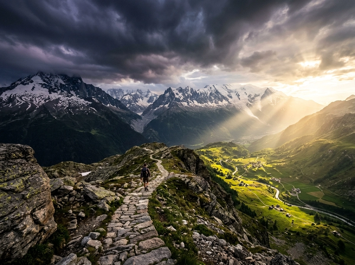 A hiker on a mountain path, representing the journey to avoid search engine penalties with quality content.