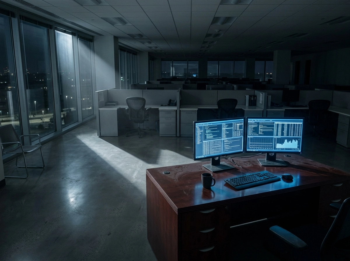Dark office with AI writing software on screens, avoiding search engine penalties.