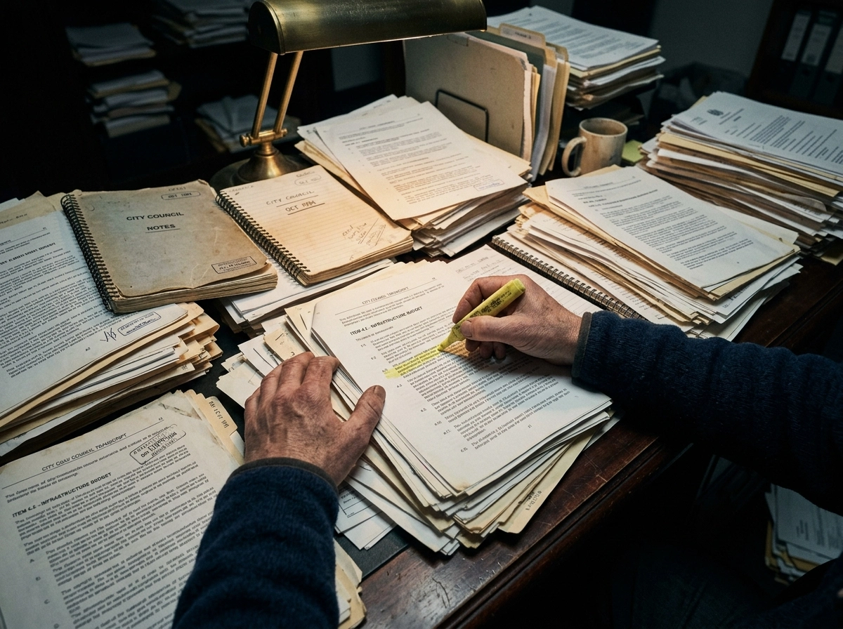 Manual document review contrasting with modern automated news reporting and efficient content scaling tools.