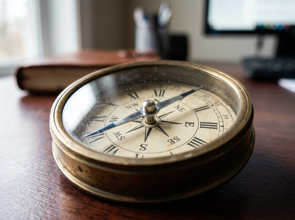 A vintage compass on a desk, symbolizing direction for modern publishing software and content strategy.