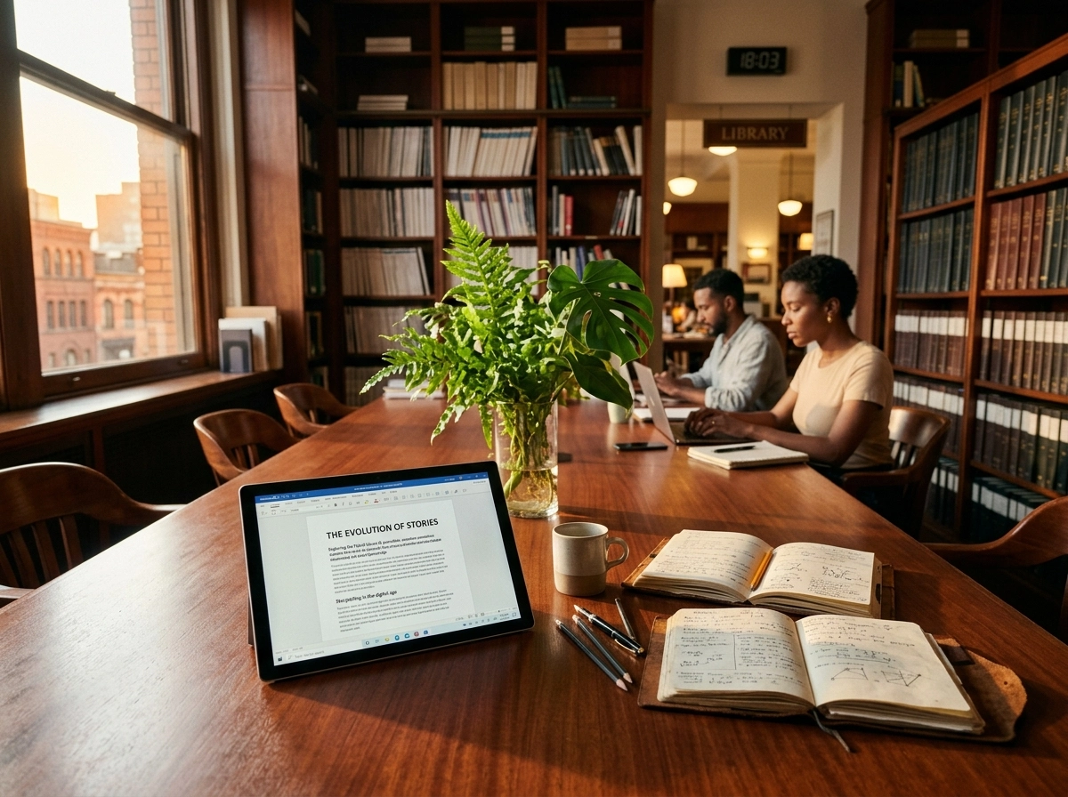 A tablet displaying an ai powered blog generator in a library, showing modern editorial workflow automation.