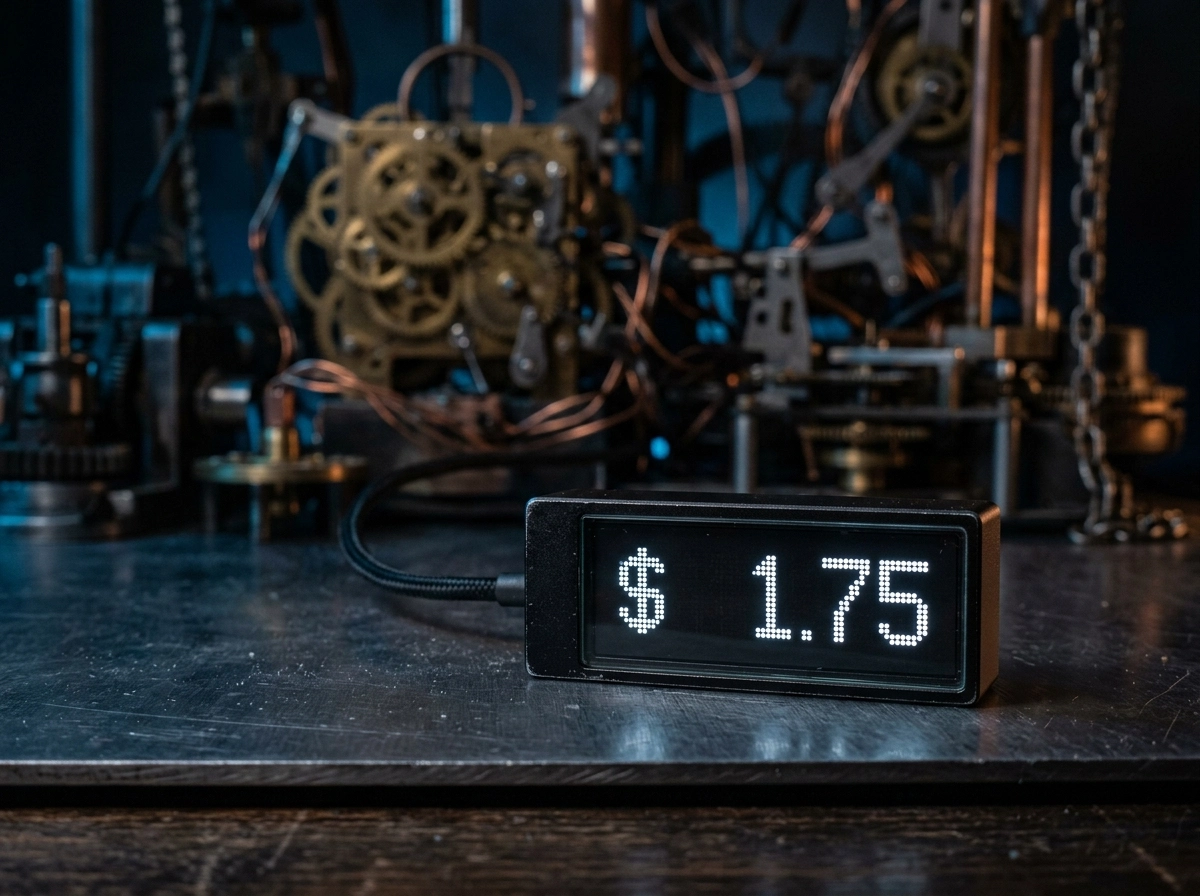 A digital display showing $1.75 in front of complex machinery, illustrating content creation pricing for AI.