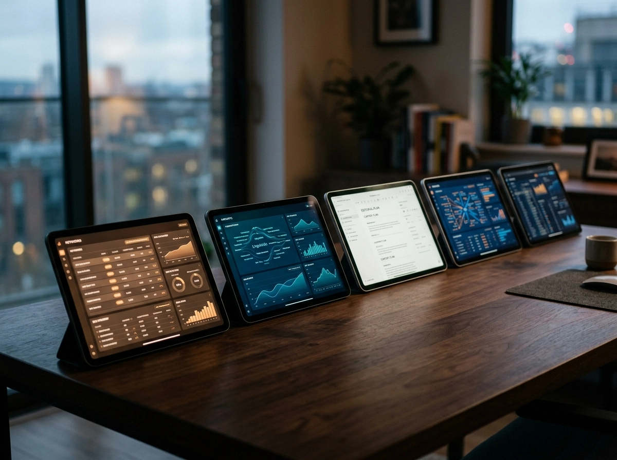 Multiple tablets displaying specialized AI SEO writing dashboards and data for an efficient marketing stack.