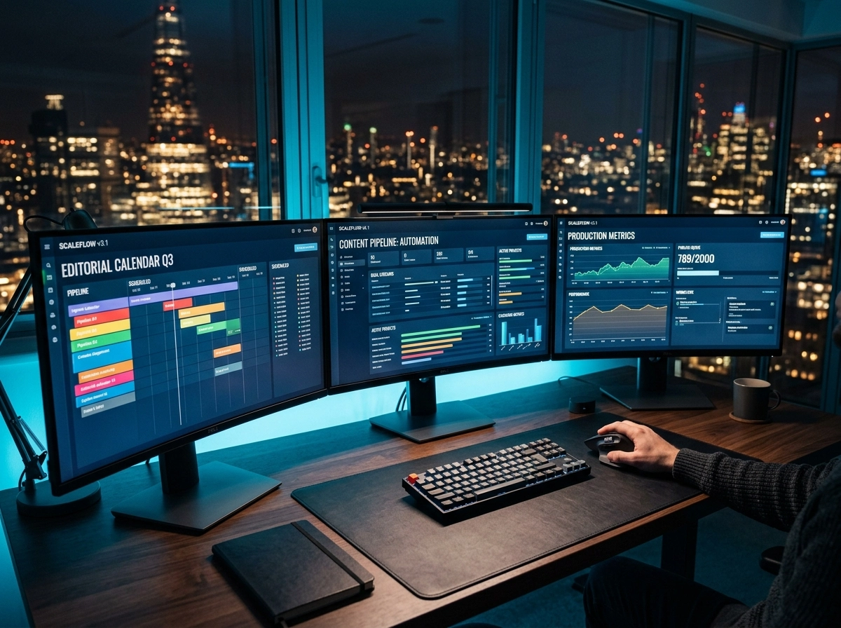 Triple monitor setup showing an ai text generator for blogs and content pipeline metrics.