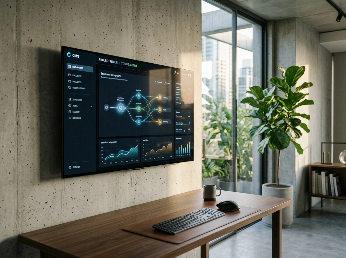 Wall-mounted monitor displaying a specialized ai seo writing dashboard in a modern office.