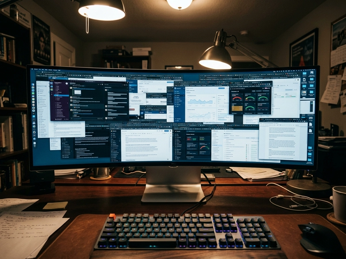 Ultrawide monitor showing AI text generator for blogs and specialized AI SEO writing software.