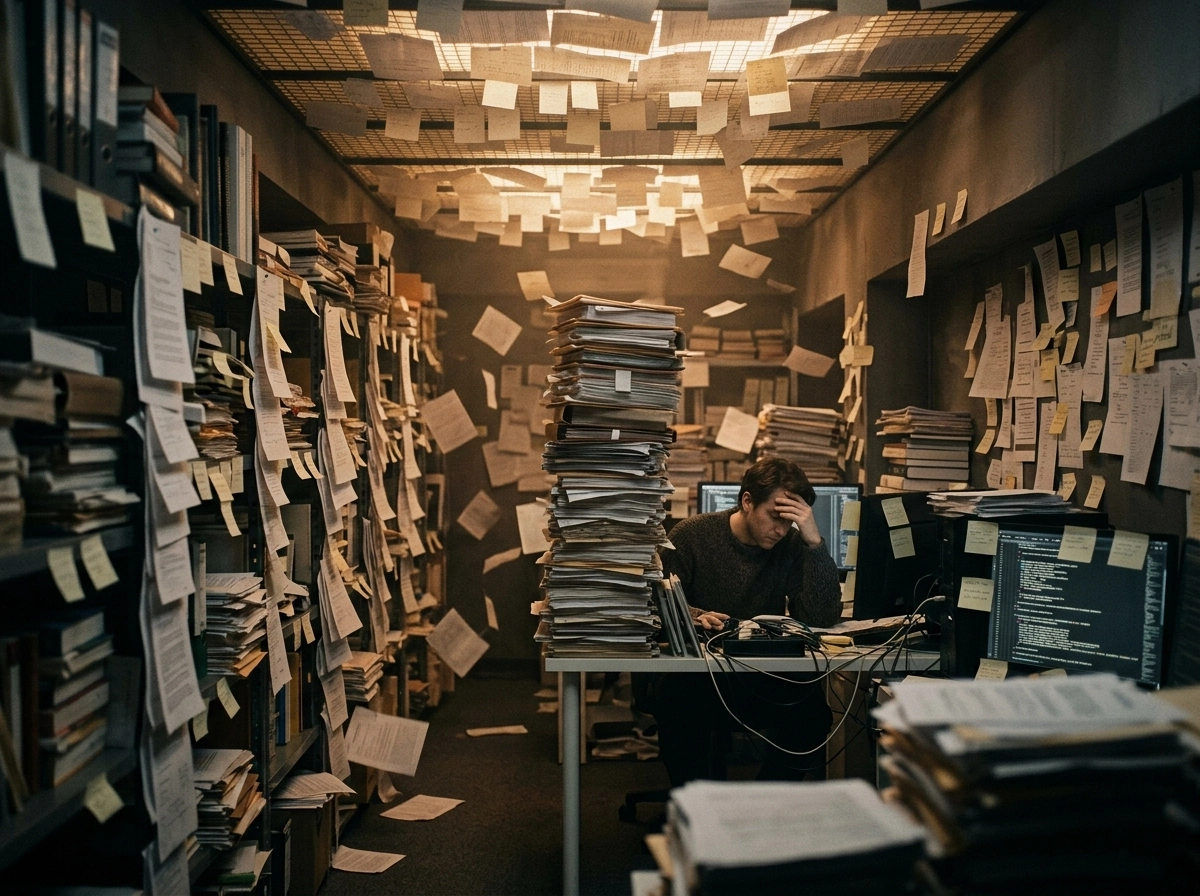 Stressed worker overwhelmed by manual tasks, highlighting the need for AI content SaaS.