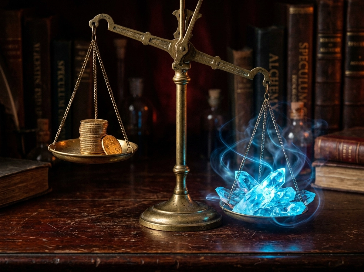 Antique scale balancing gold coins against glowing crystals, representing custom AI writing tool value.