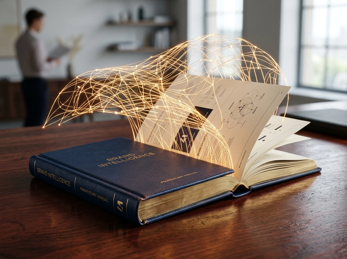 Brand intelligence book with digital data network, illustrating automated content strategy and AI workflows.