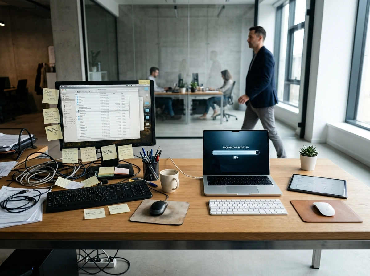 Office desk with AI writing tools showing automated content strategy workflows in progress.