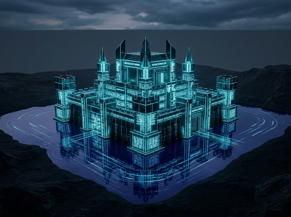 A digital fortress representing custom AI writing and secure enterprise AI content infrastructure.