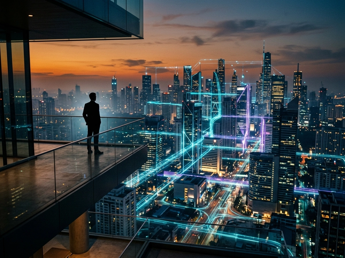 Executive overlooking a city with digital AI writing tools and enterprise content automation networks.