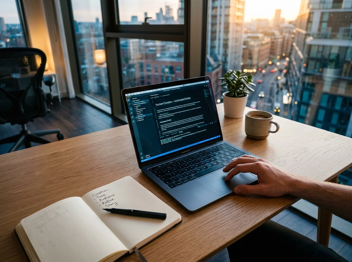 Laptop displaying automated blog software to optimize content engagement signals and user metrics.