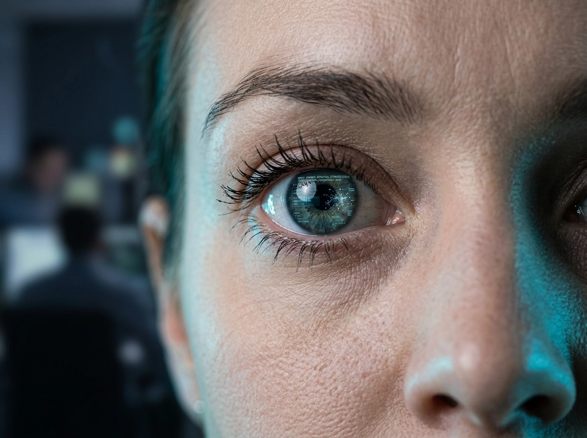 Close-up of an eye reflecting data, representing how an automated content creation tool impacts user engagement.