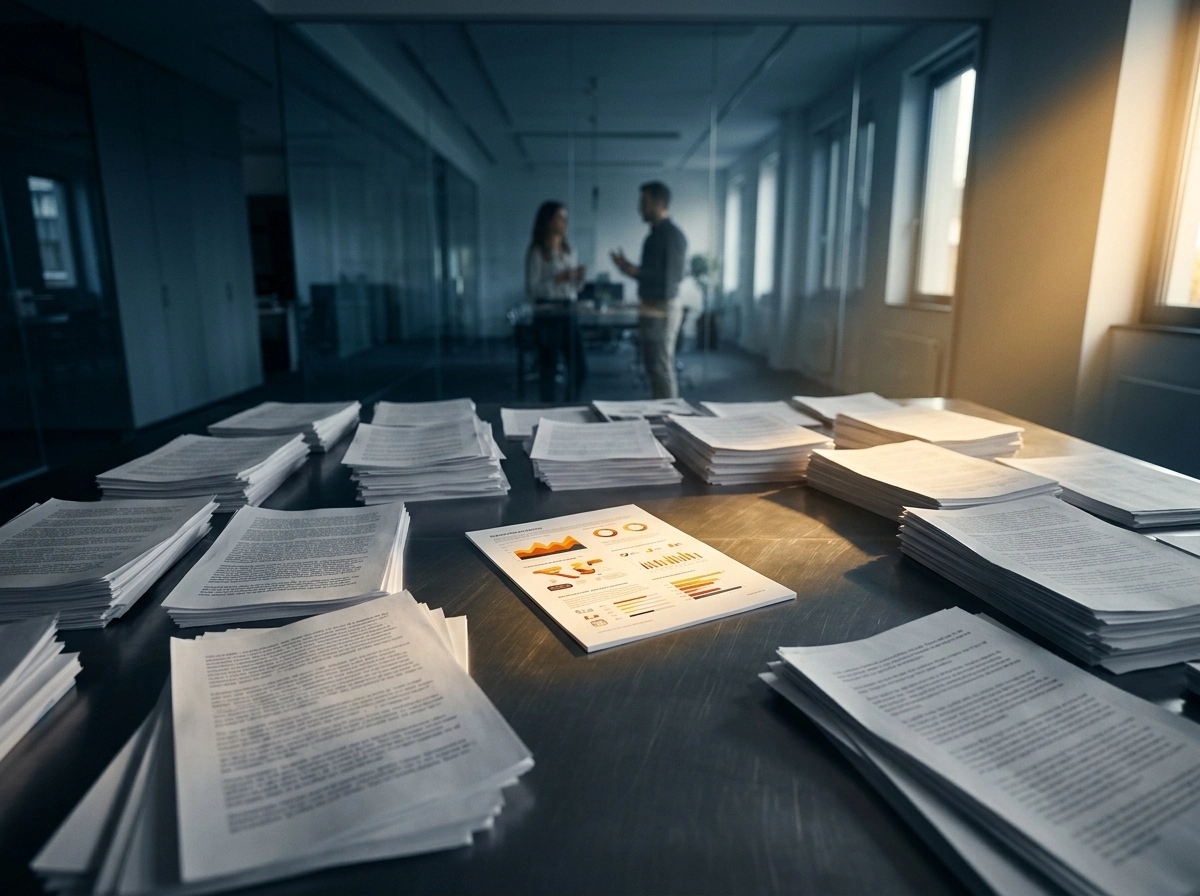 Stacks of documents on a table representing enterprise content creation and automated writing software workflows.