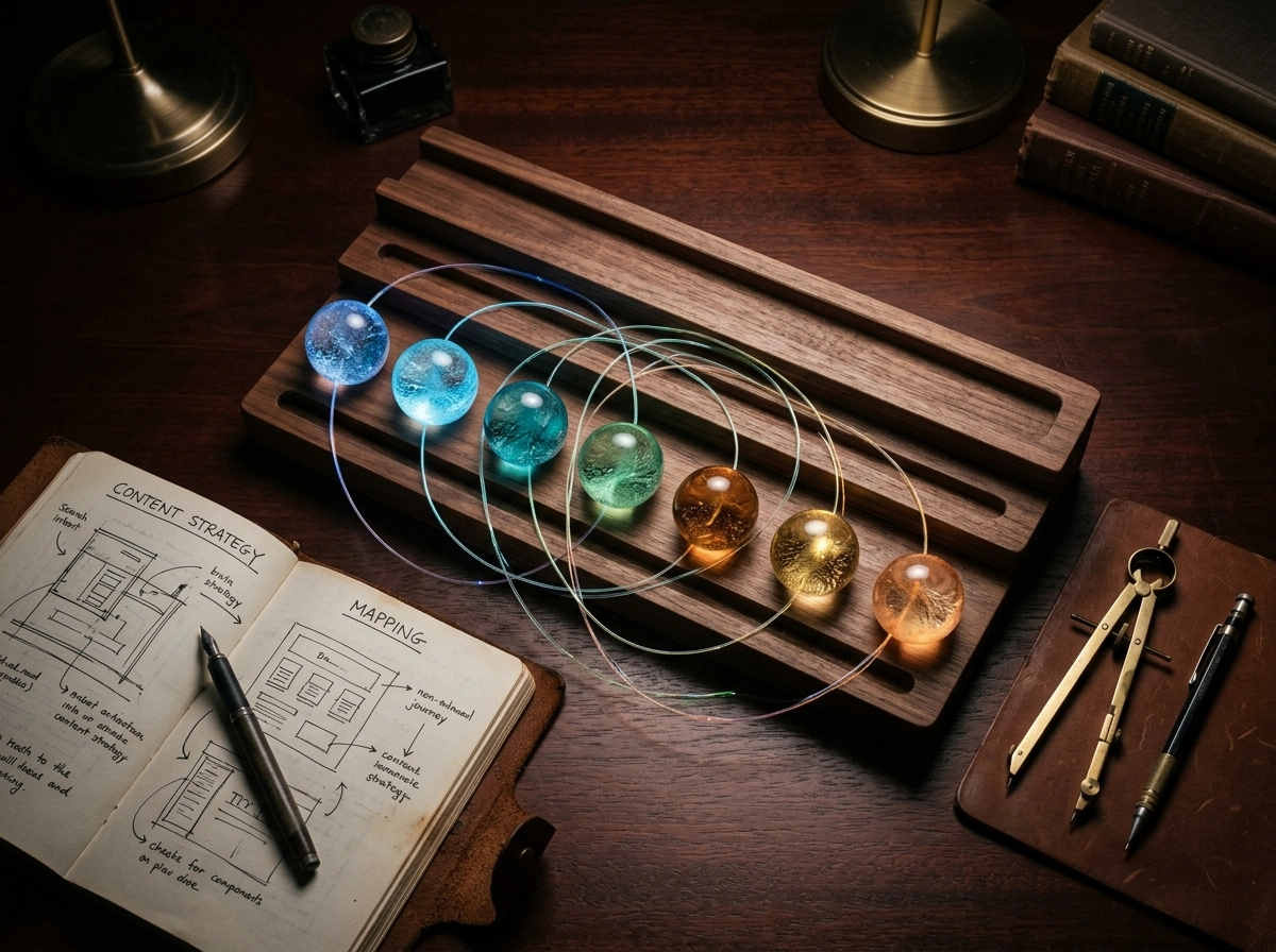 Glowing spheres on a desk with content strategy notes for AI content SaaS and search intent optimization.