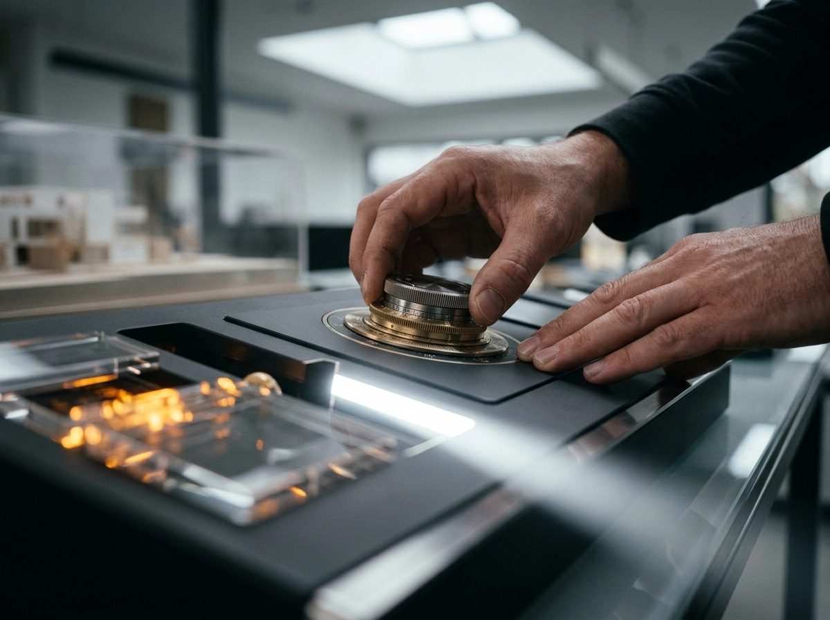 Hands adjusting precision dial for AI content SaaS search intent optimization.