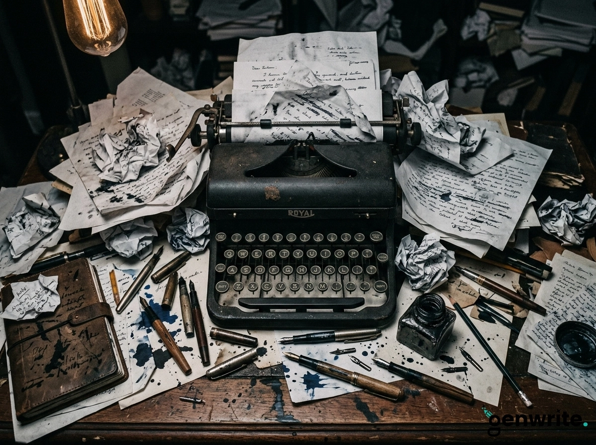 An old typewriter surrounded by messy papers, contrasting with modern AI tools for writing and content creation.