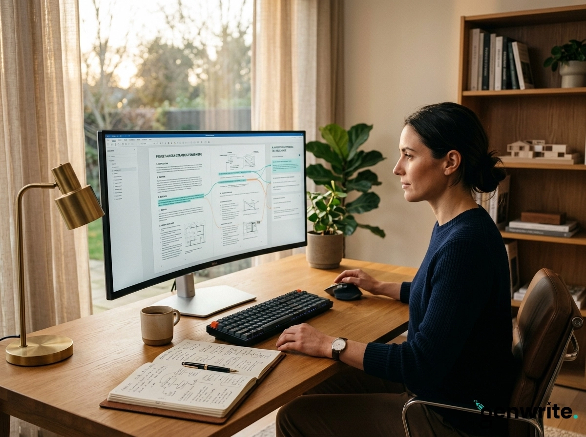 Woman using an AI writing tool on a computer to draft content in a bright, modern home office.