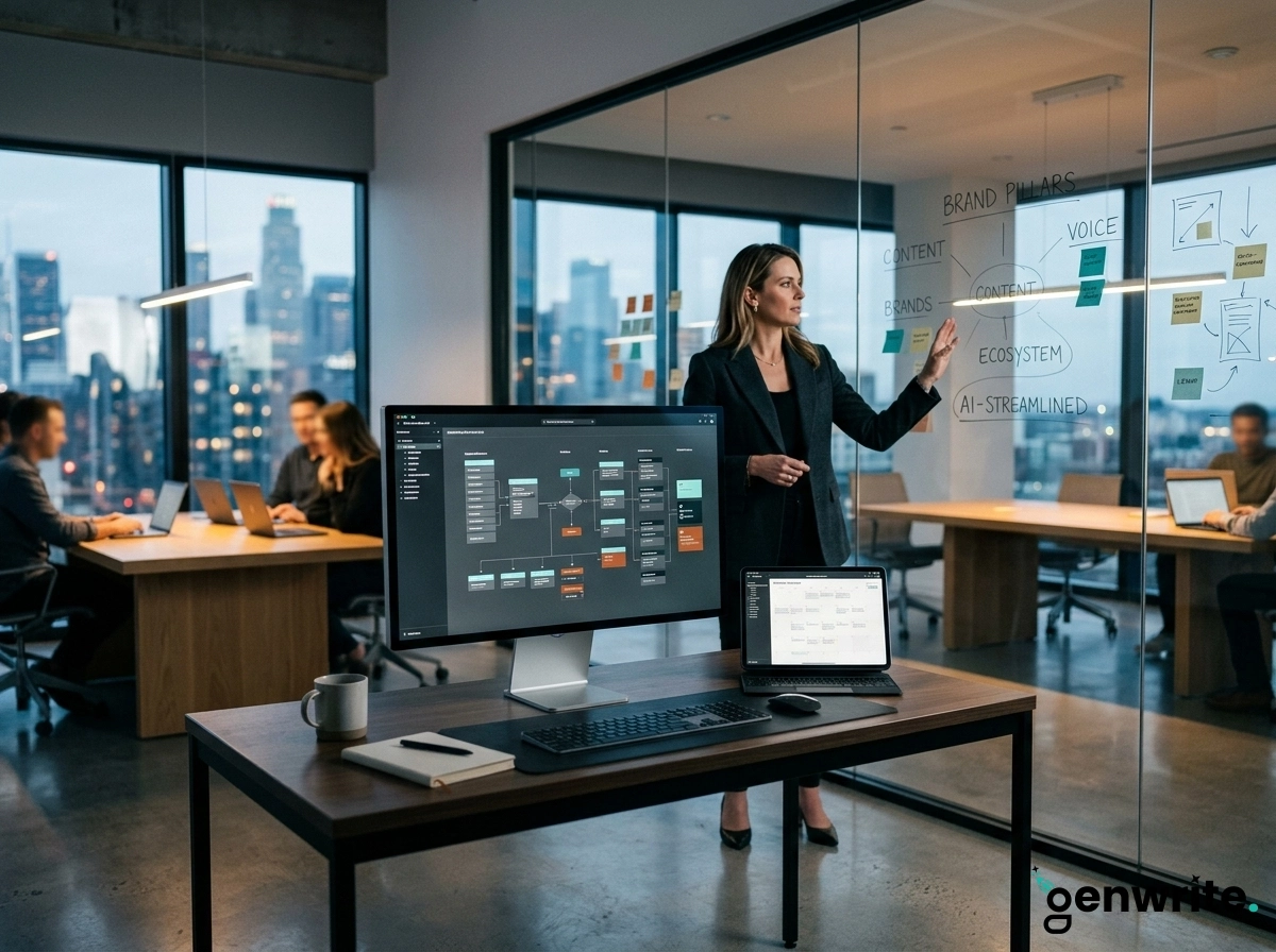 Professional team using an AI article writer to streamline content strategy in a modern office.