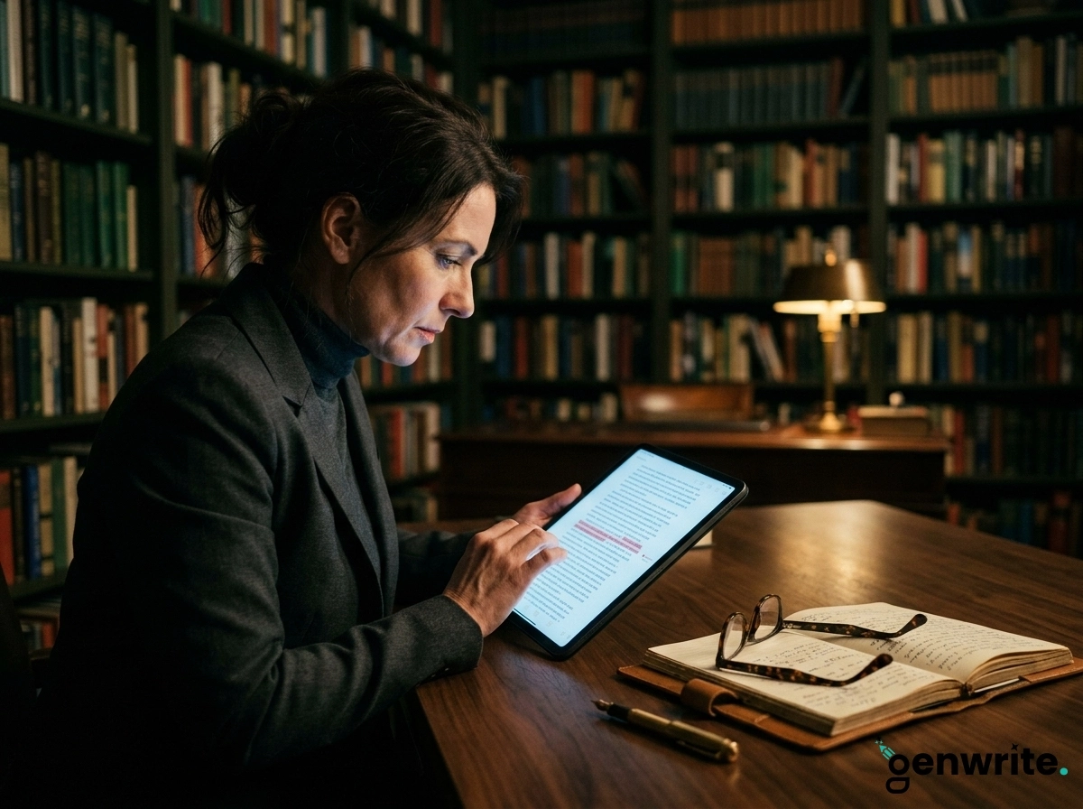 Woman using an AI writing tool on a tablet in a library to edit content.
