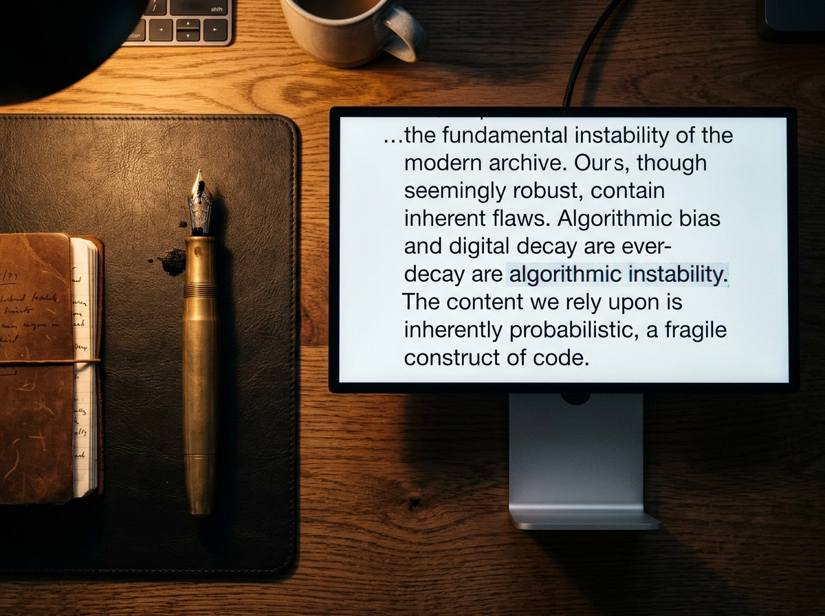 A monitor displaying text about algorithmic instability, highlighting the need for fact checking AI writing.