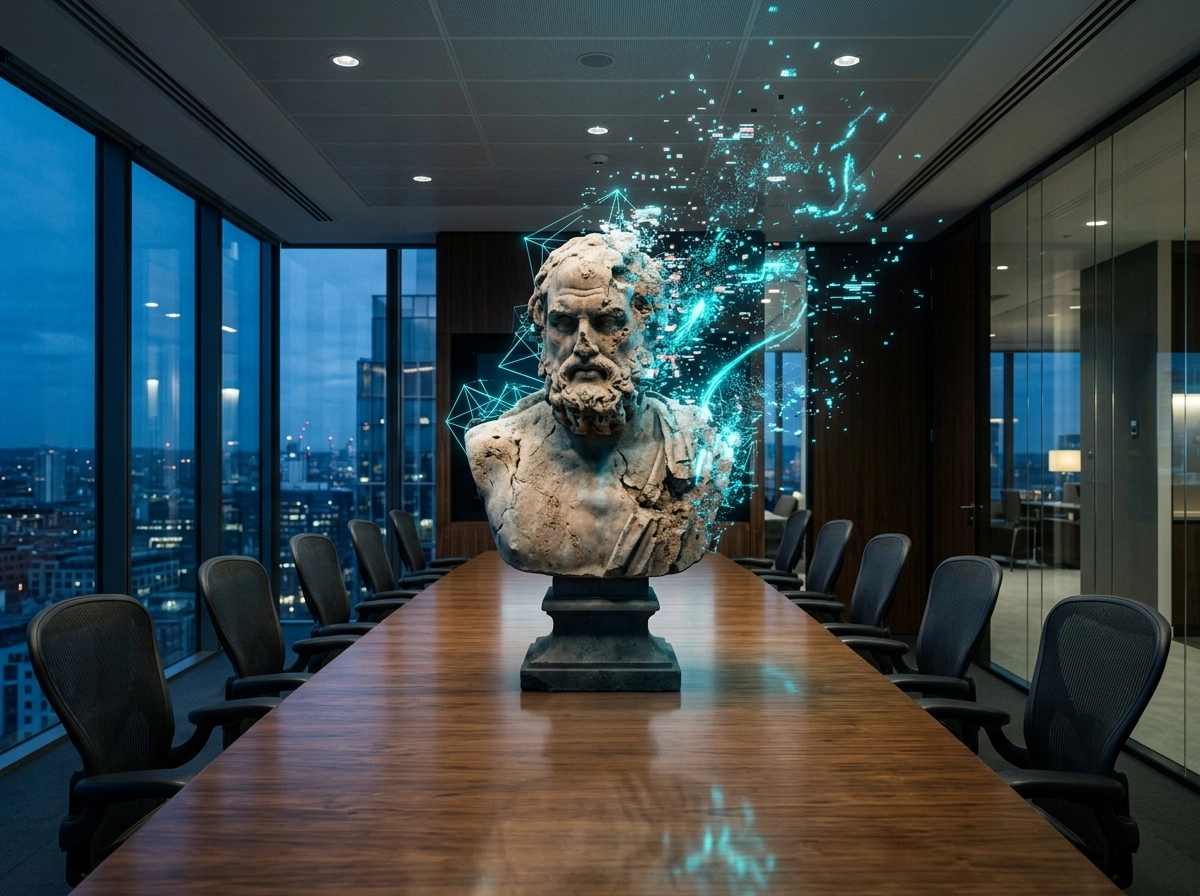A stone bust in a boardroom with digital data, representing AI content SaaS accuracy challenges.