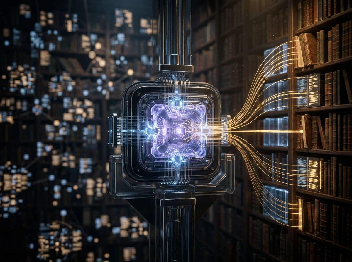 A futuristic processor scanning library books, symbolizing fact checking for AI writing platforms.