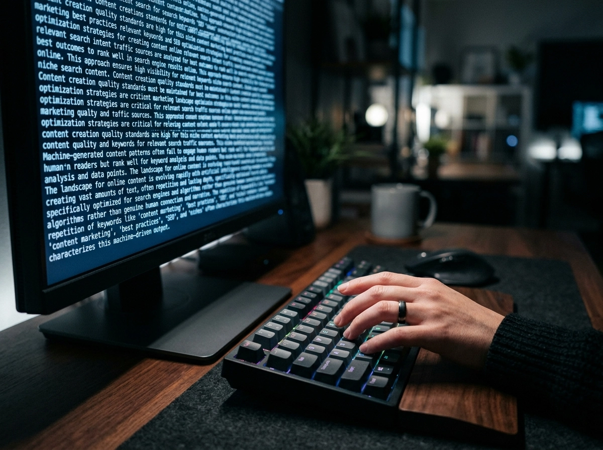 A person typing on a keyboard, reviewing content from an automated seo blog writer on a computer monitor.