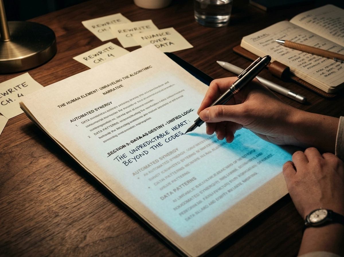 Hand editing a document to improve SEO content control and headline optimization for better engagement.