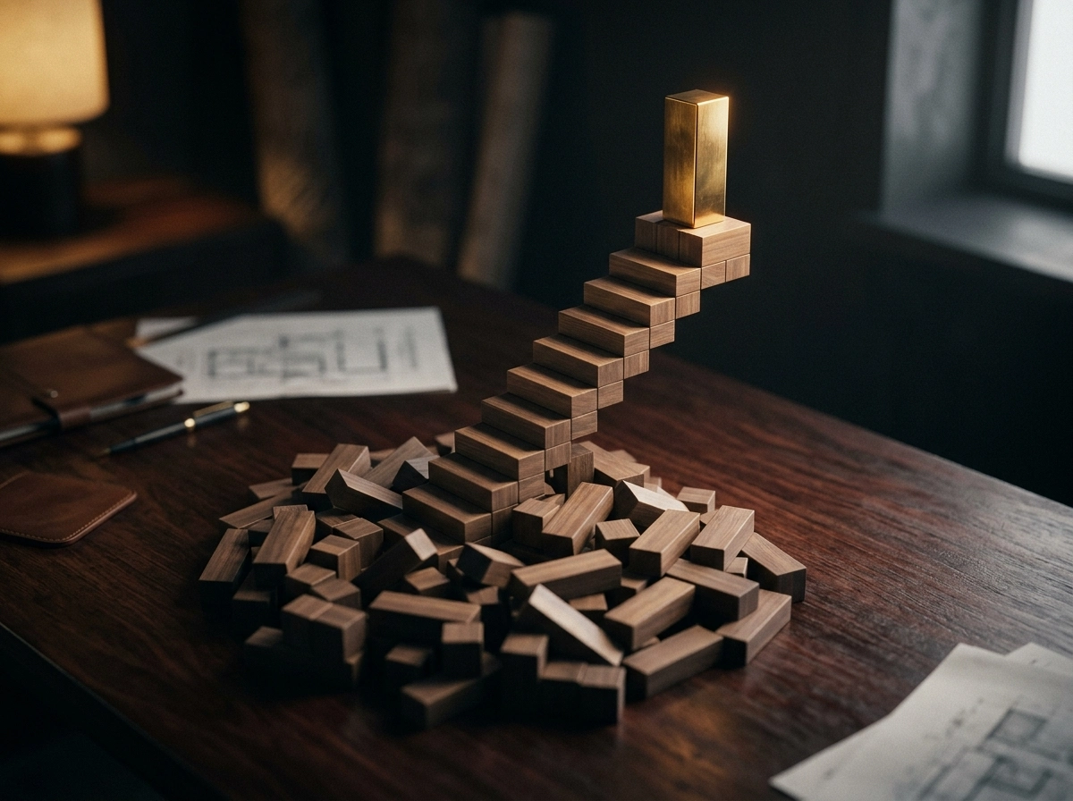 Wooden blocks forming a staircase to a gold block, representing automated SEO blog writer strategy.
