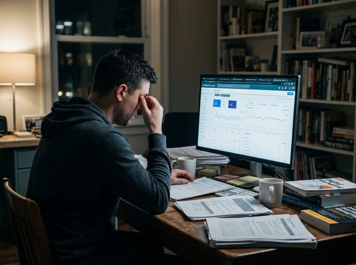 Stressed marketer using an SEO writing assistant tool to optimize content.