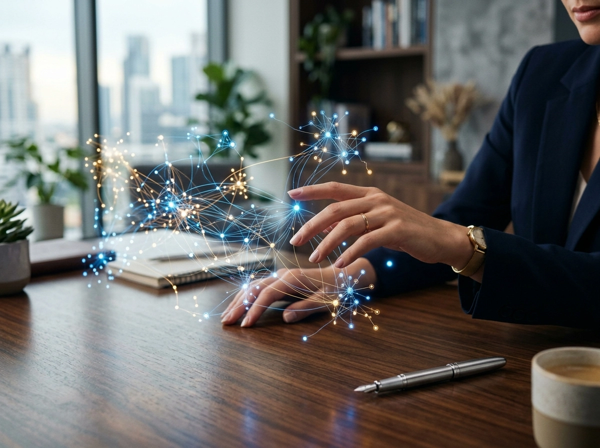 Professional interacting with a digital network visualization for a topic cluster strategy.
