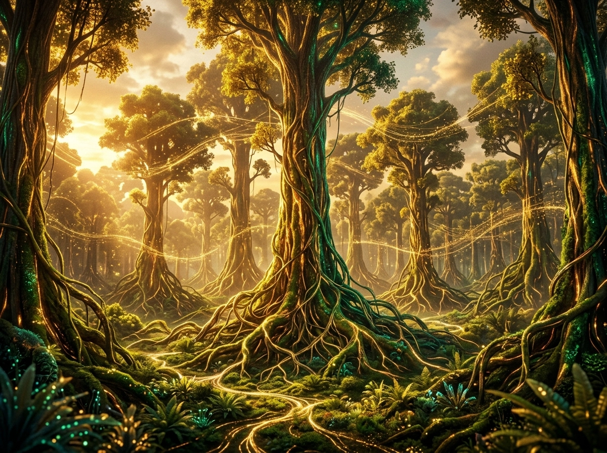 A glowing, interconnected forest representing a semantic SEO strategy and content clusters.