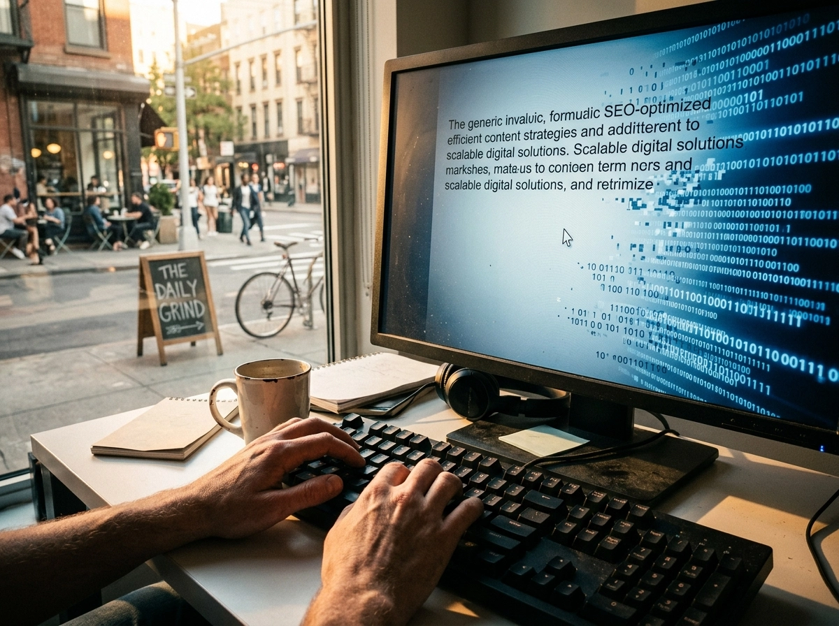 Person using seo blog writing software to create content while overlooking a local business street.