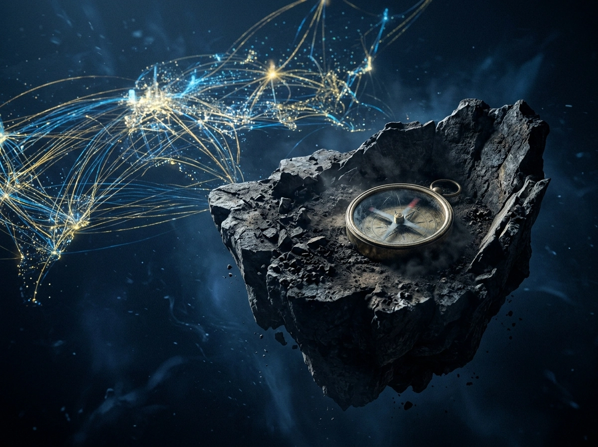 Compass on floating rock with digital map, representing geographic content targeting for SEO.