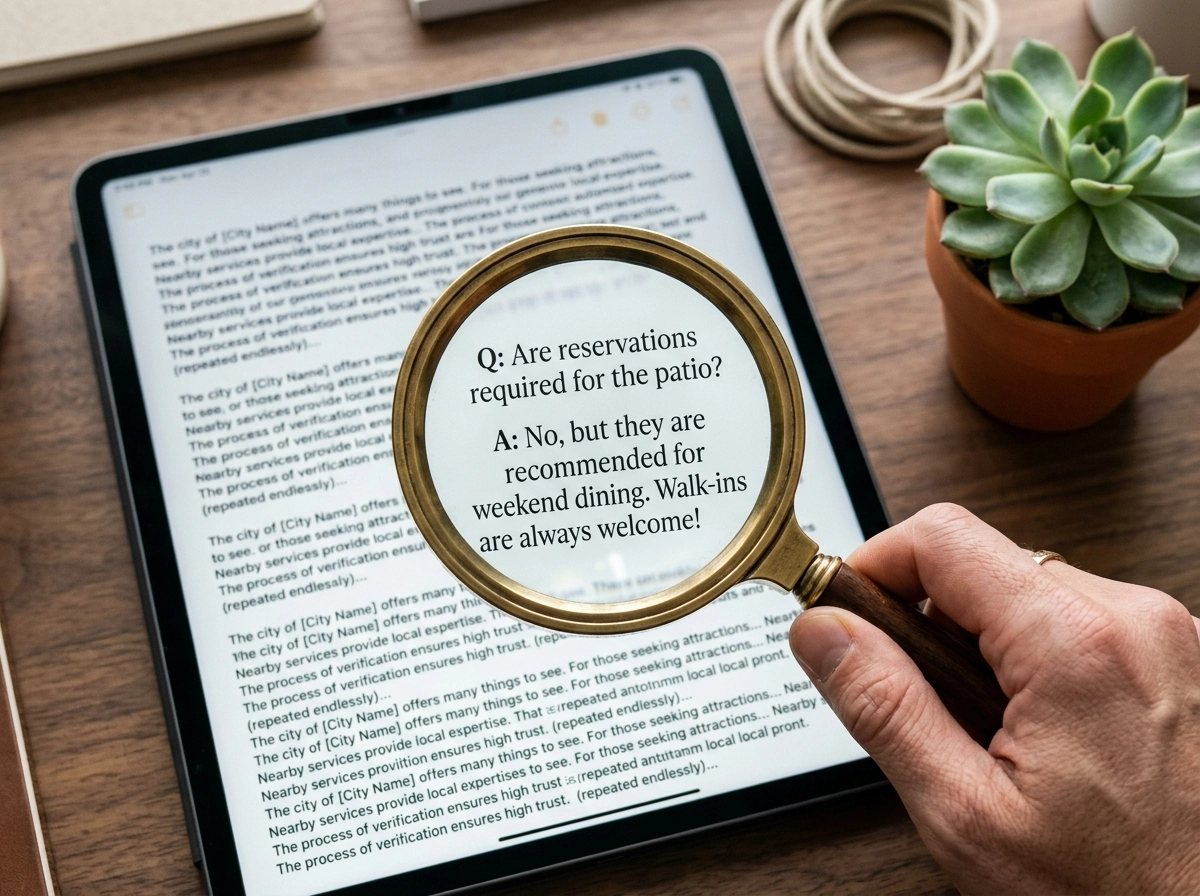 Magnifying glass over tablet screen showing local search optimization and FAQ content.