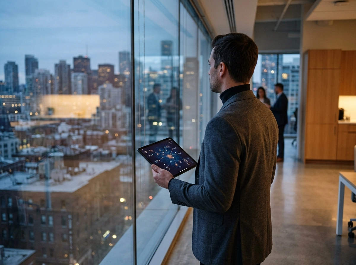 Professional using seo writing software to improve local search optimization for a city business.