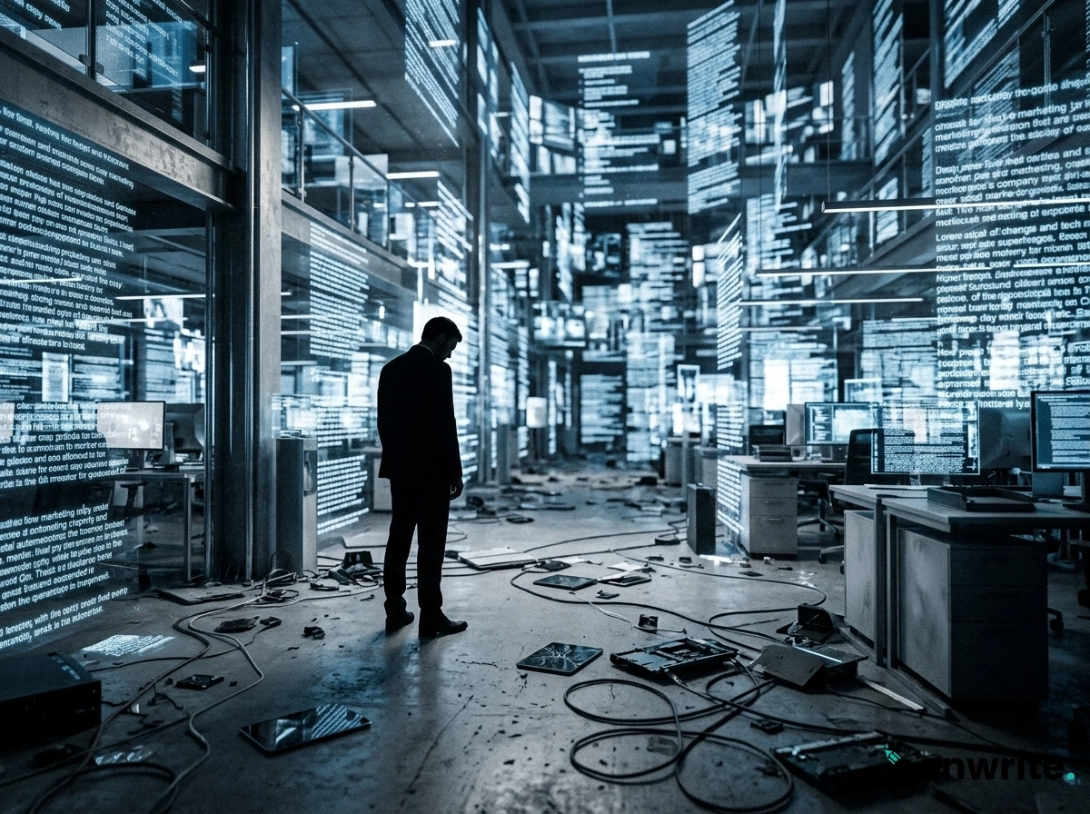 A person standing in a digital office, representing the limits of marketing automation writing assistants.